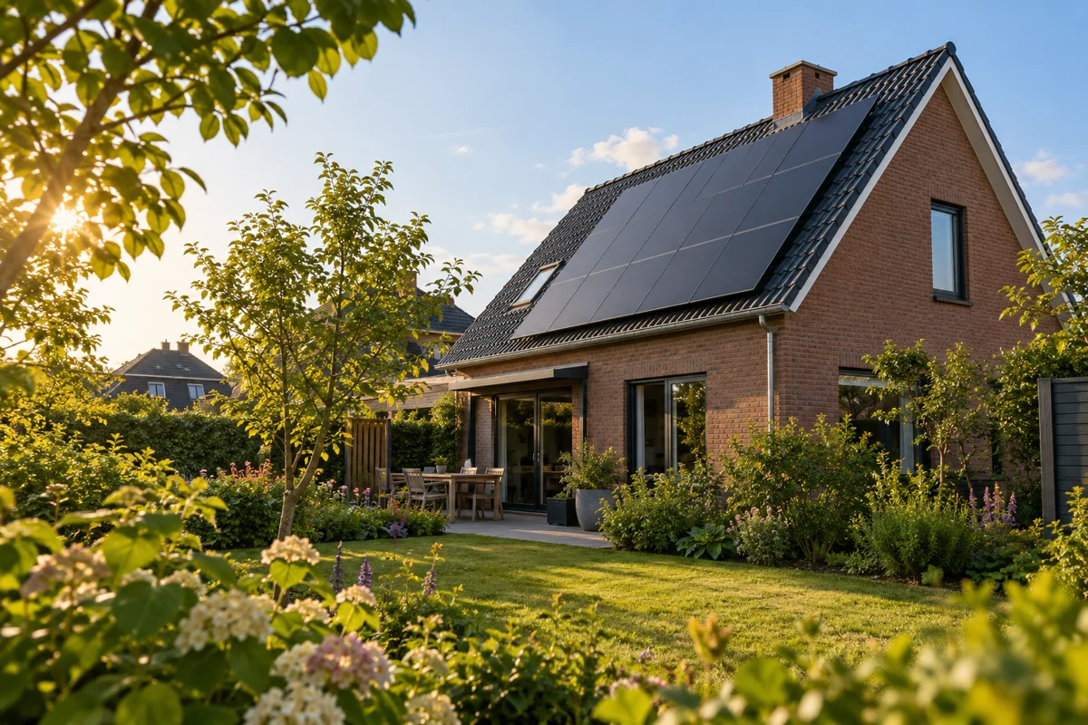 Illustratief beeld van een bakstenen woning met zonnepanelen in een groene tuin